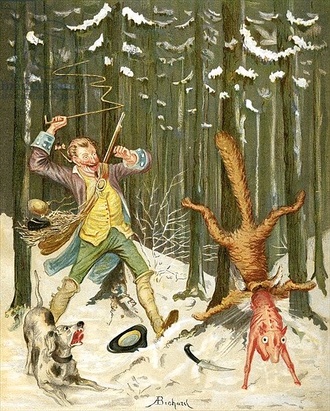 Baron Munchausen flogs a fox out of his skin, c.1886