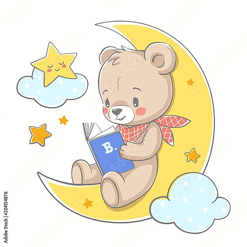 Симпатичный медвежонок на луне и читает книгу