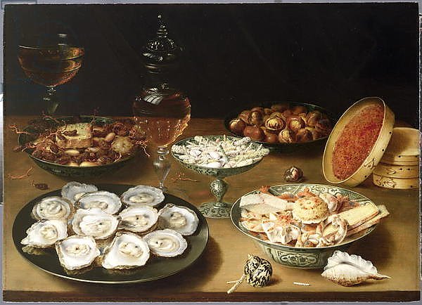 Still life with oysters, sweetmeats and roasted chestnuts
