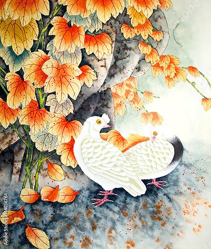 Китайская птица в осенних листьях