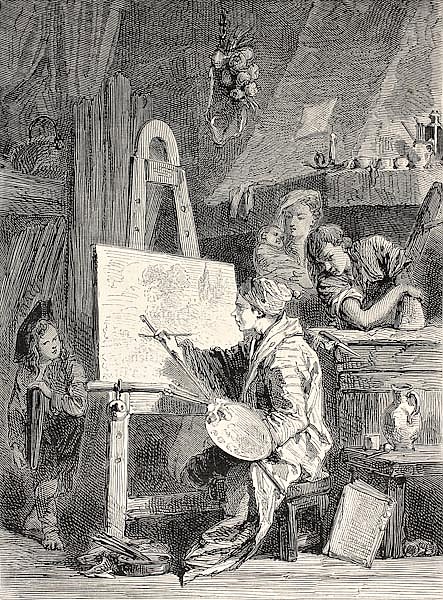 Painter workshop. Engraved by Dutheil-Ecosse, after tablet of Boucher in Khalil-Bey gallery. Publish