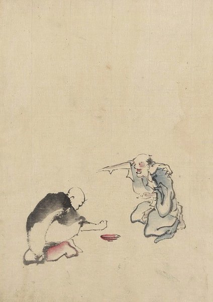 Two men playing a game or gambling, possibly involving dice of some sort
