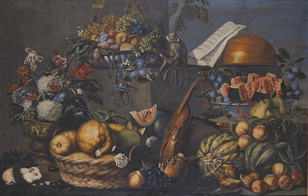A Still Life With Various Fruits In A Basket And On A Ledge, Flowers In A Vase, Musical Instruments And A Monkey With A Flute