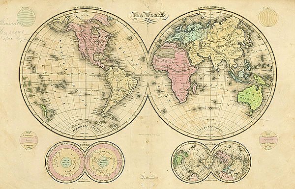 Карта мира в виде полушарий, 1835 г.