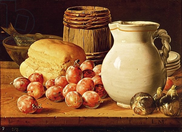Still Life with plums, figs, bread and fish