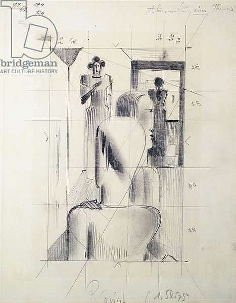 Figures in a room, by Oskar Schlemmer, pencil on paper. Germany, 20th century.