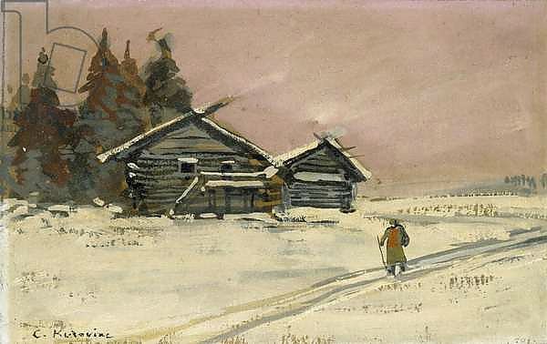 Winter Landscape with two wooden Huts