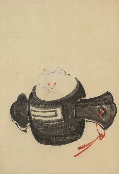 Mouse, facing front, sitting on a mallet with red ribbon through a hole in the handle