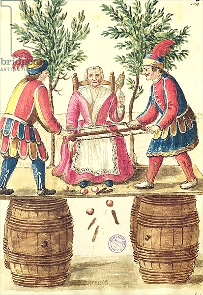 Two Venetian magicians sawing a woman in half