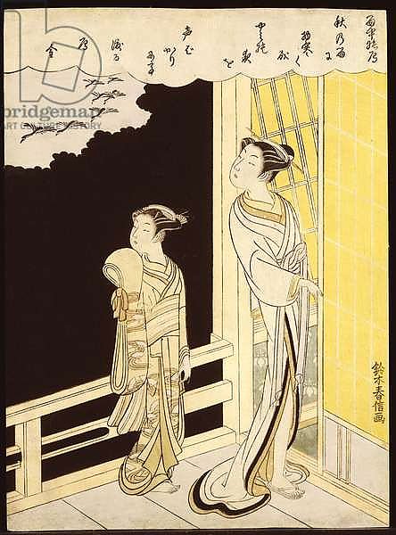 A courtesan and her kamuro on a verandah watching flying geese in the rain