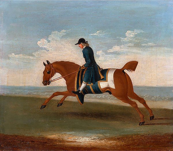 One of Four Portraits of Horses - a Chestnut Racehorse Exercised by a Trainer in a Blue Coat 1730