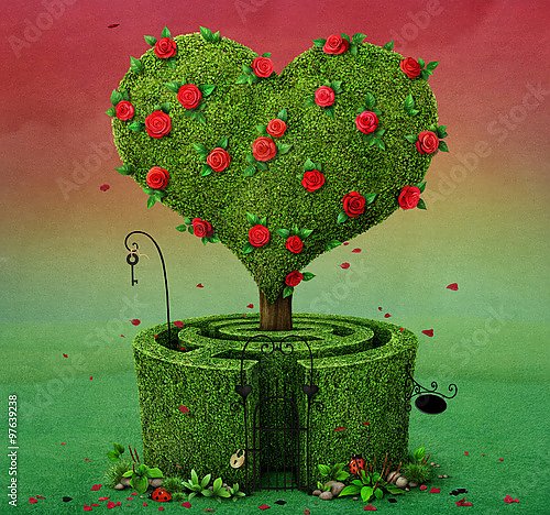 Цветущиее дерево в форме сердца в лабиринте