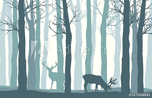 Туманный лес с силуэтами оленей