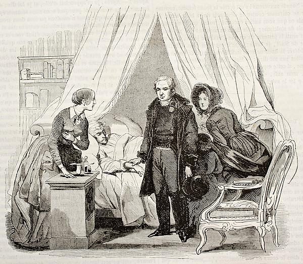 Doctor visiting ill man. Created by Lamy, published on Magasin Pittoresque, Paris, 1843