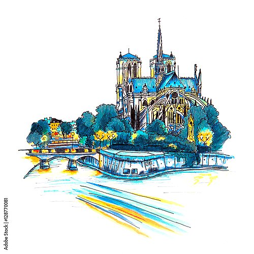 Мрачный городской пейзаж с собором Нотр-Дам-де-Париж, Франция, эскиз