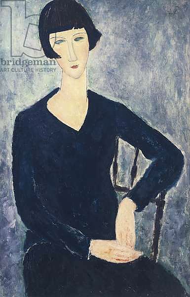 Young woman with a fringe or young seated woman in blue dress, 1918, by Amedeo Modigliani, oil on canvas, 92x60 cm.