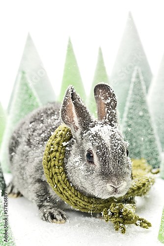 Кролик в шарфе среди игрушечных елочек
