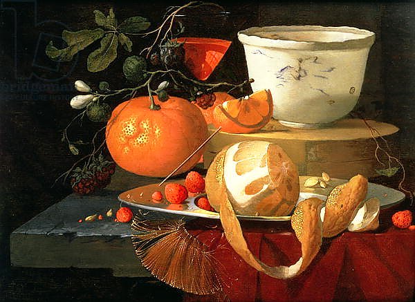 Still life of an orange, a lemon and strawberry on a pewter plate, a wan-li bowl behind