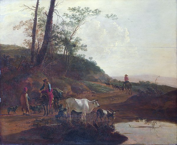 Мужчина с волом и скотом у пруда