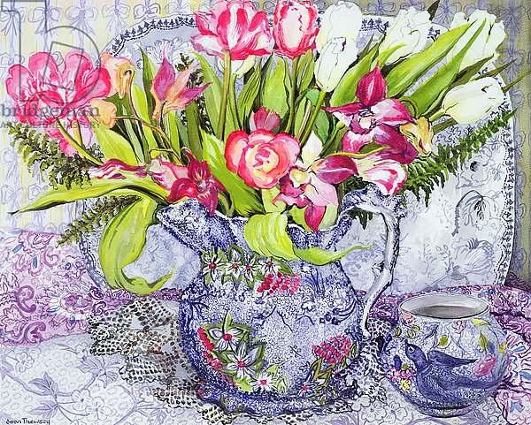 Pink and White Tulips, Orchids and Blue Antique China