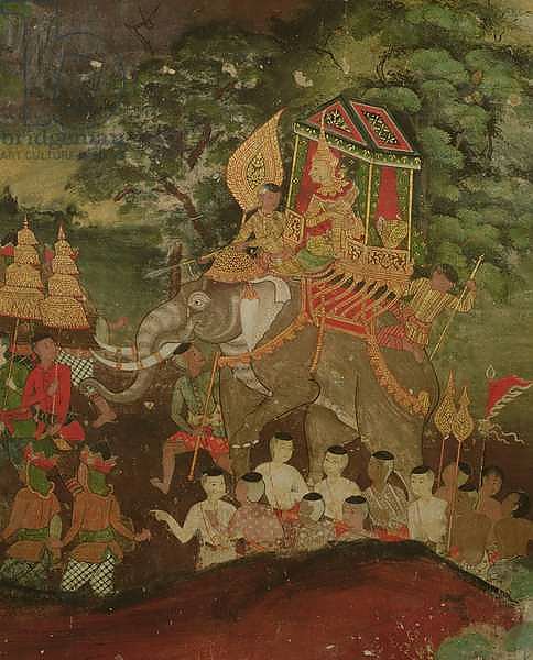 King Sanjaya on an elephant, Wat Suwannaram, Dhonburi, 1831