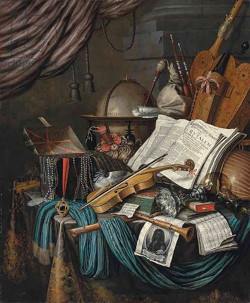 A globe, a casket of jewels and medallions, books, a hurdy-gurdy, a bagpipe, a lute, a violin, an upturned silver tazza and roemer, a nautilus shell, a recorder, a shawm, a print with a self-portrait of the artist and a musical score on a draped table, a