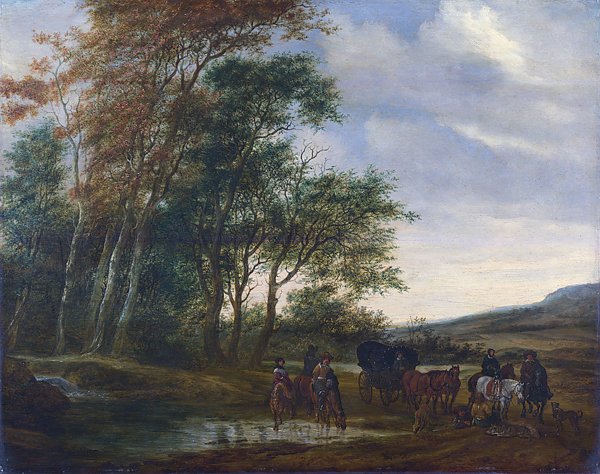 Пейзаж с каретой и всадником у пруда