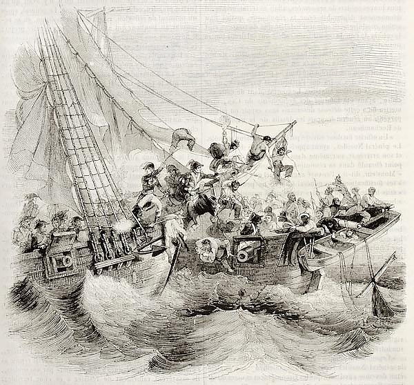 French shooner Courier boarding British ship Hazard. Created by Gudin, published on Magasin Pittores