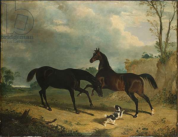 Hunters and a Spaniel in a Wooded Landscape, 1835