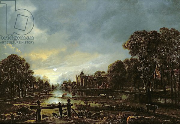 Moonlit River Landscape with Cottages on the Wooded Banks