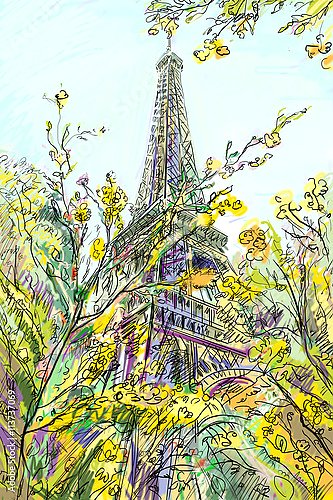 Эйфелева башня и жёлтые цветы, скетч