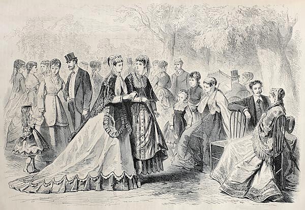 Springtime fashion 1868 in Paris. Original, created by Pauquet, published on L'Illustration, Journal