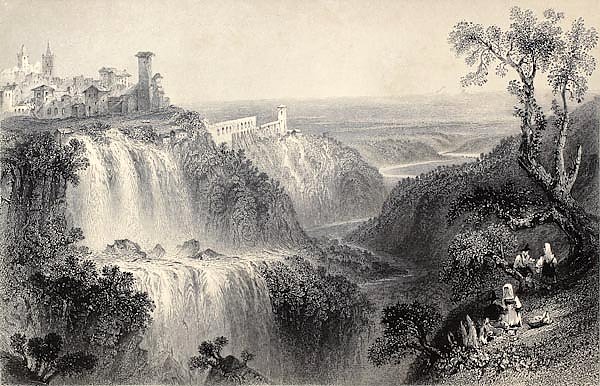 Tivoli waterfalls, near Rome, Italy. Original, created by W. H. Bartlett and E. Brandard, published 