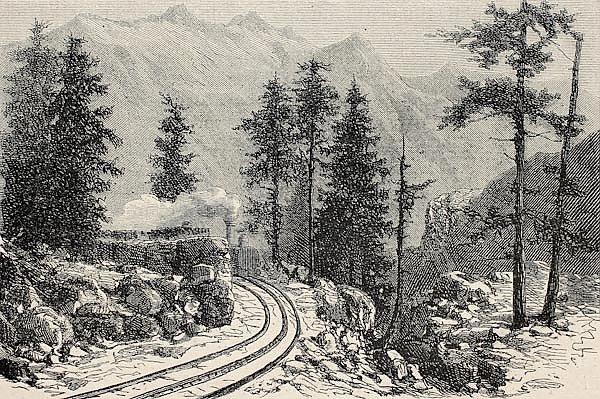 Mont Cenis railroad scenery. Created by De Bar, published on L'Illustration, Journal Universel, Pari