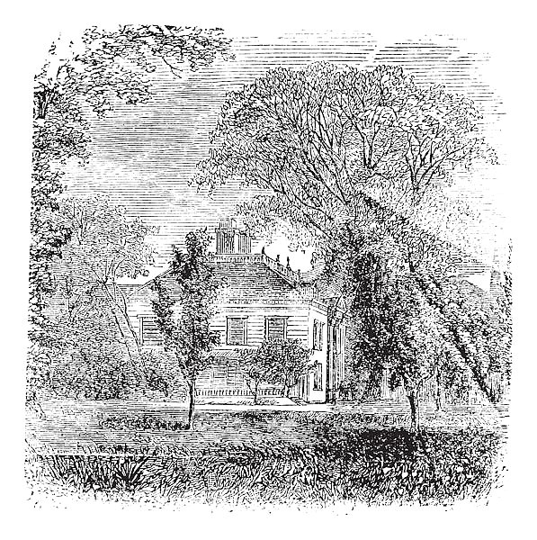 Longfellow ,House, Massachusetts,  Cambridge , America, vintage engraving.