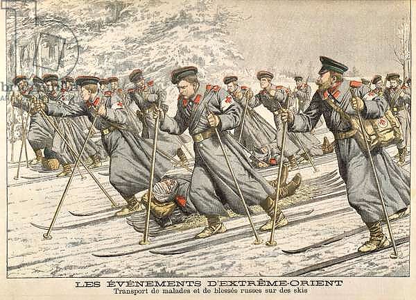 The Red Cross Transporting Injured Russians on Skis during the Russo-Japanese War from 'Le Petit Journal', c.1904