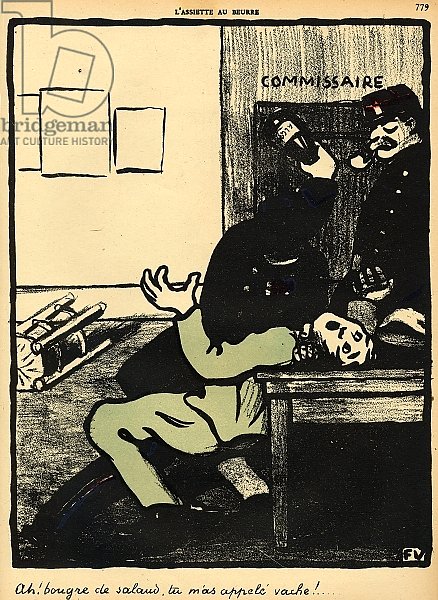 A policeman hits a man with a bottle in a police station, 1902