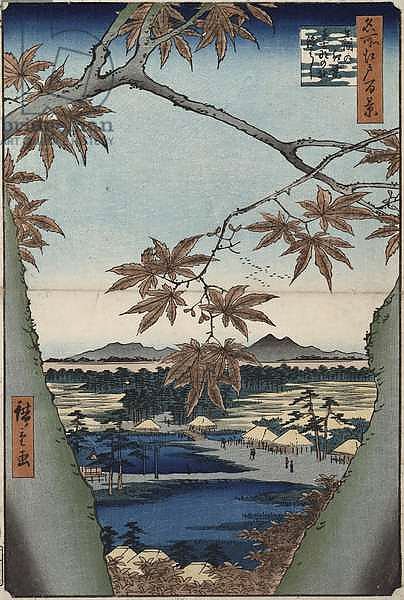 Maple leaves and the Tekona Shrine, and the Bridge at Mama, from the series 'One Hundred Views of Famous Places in Edo'