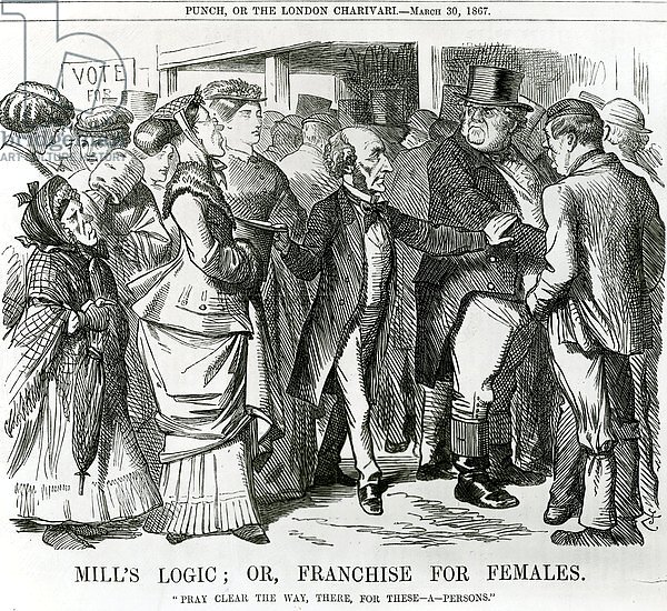 Mill's Logic: or, Franchise for Females, cartoon from Punch, London, 30 March 1867