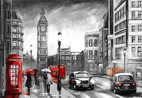 Красная телефонная будка на мокрой улице Лондона