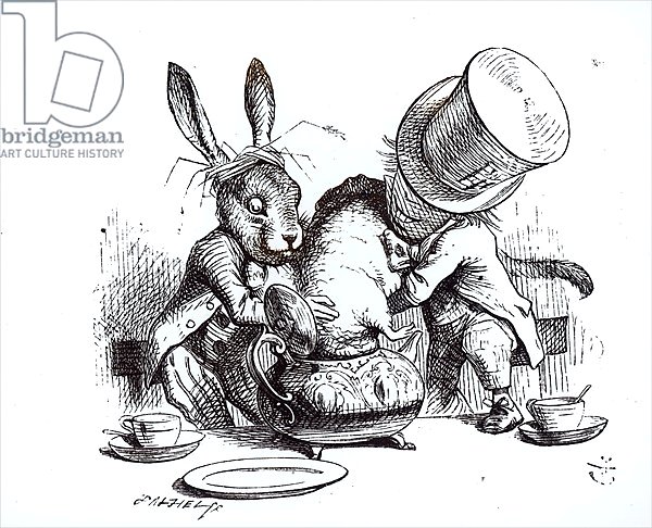 The Mad Hatter and the March Hare putting the Dormouse in the Teapot, 1865
