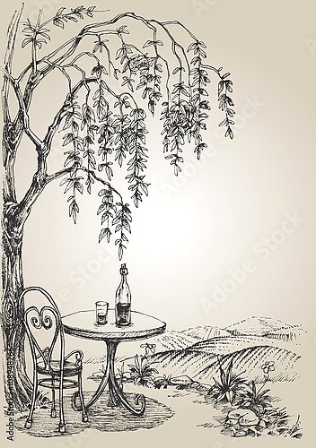 Столик с вином с видом на виноградники