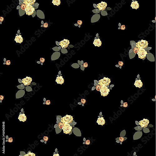 Маленькие бутоны из желтых и розовых роз с листьями на черном фоне