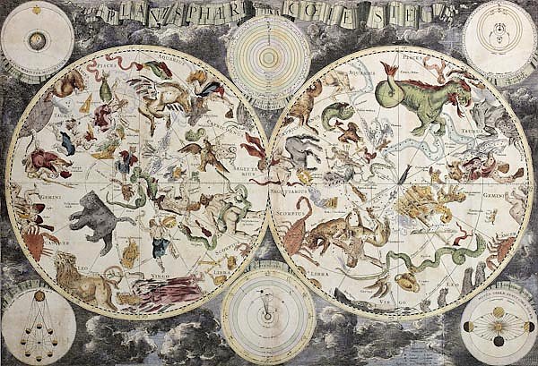 Boreal and austral hemispheres with constellations and zodiac signs. Created by Frederick De Wit, Am