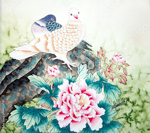 Китайские голуби и цветы