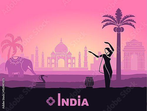 Стилизованный пейзаж Индии с Тадж-Махалом, слоном и танцовщицей