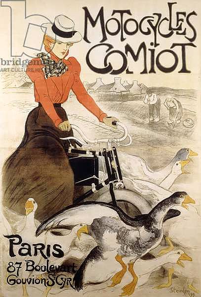 An advertising poster for 'Motorcycles Comiot', 1899