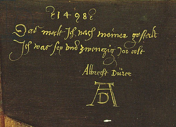 Self Portrait with Gloves, detail of signature, 1498