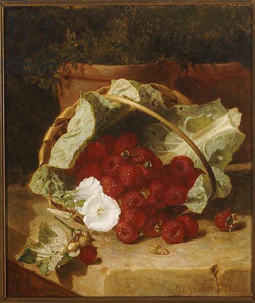 Raspberries in a Cabbage Leaf Lined Basket with White Convulvulus on a Stone Ledge, 1880