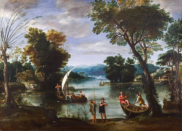 Пейзаж с рекой и лодками
